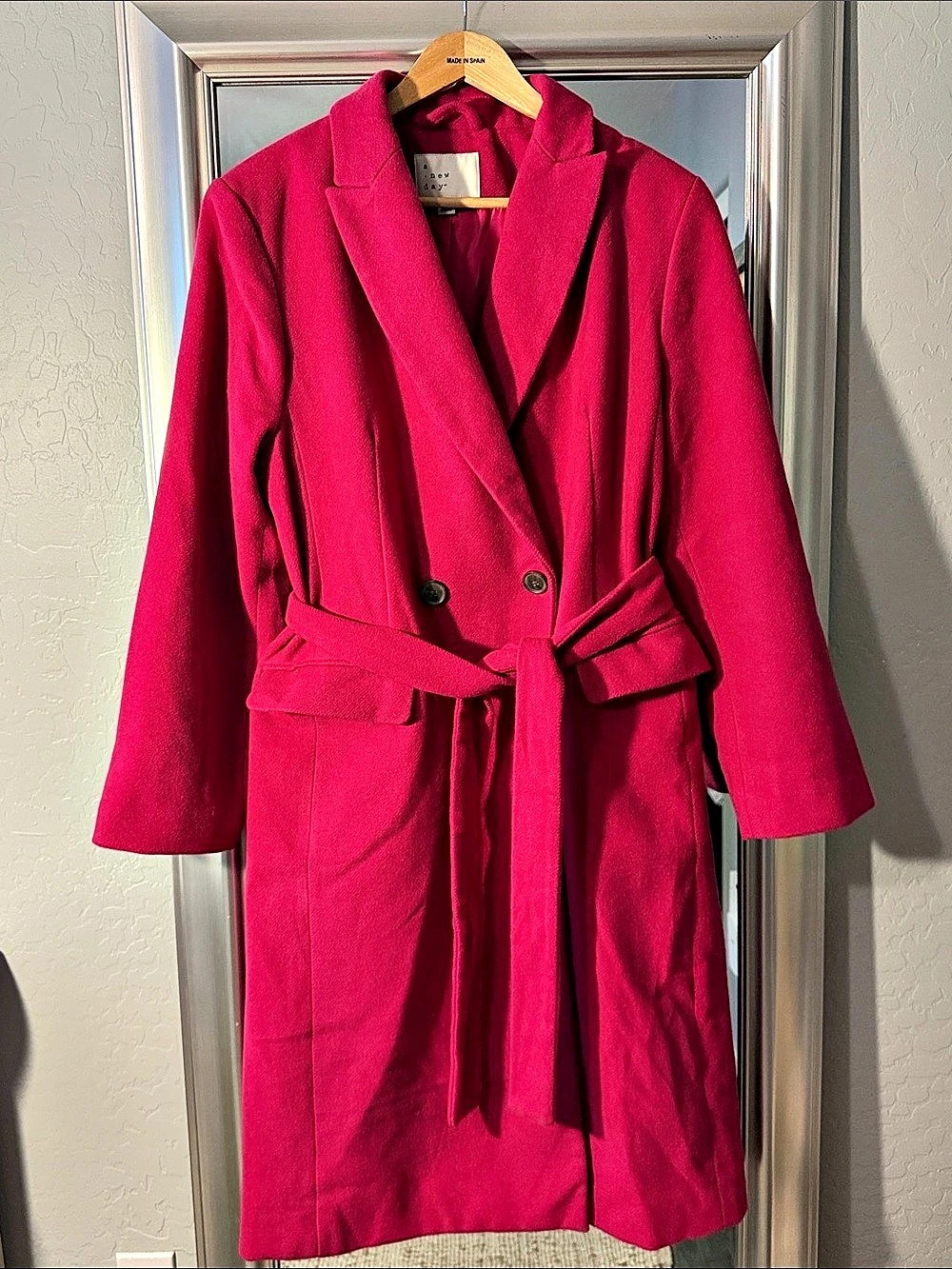 a new day Belted Wool Blend Trench Coat Pink Medium